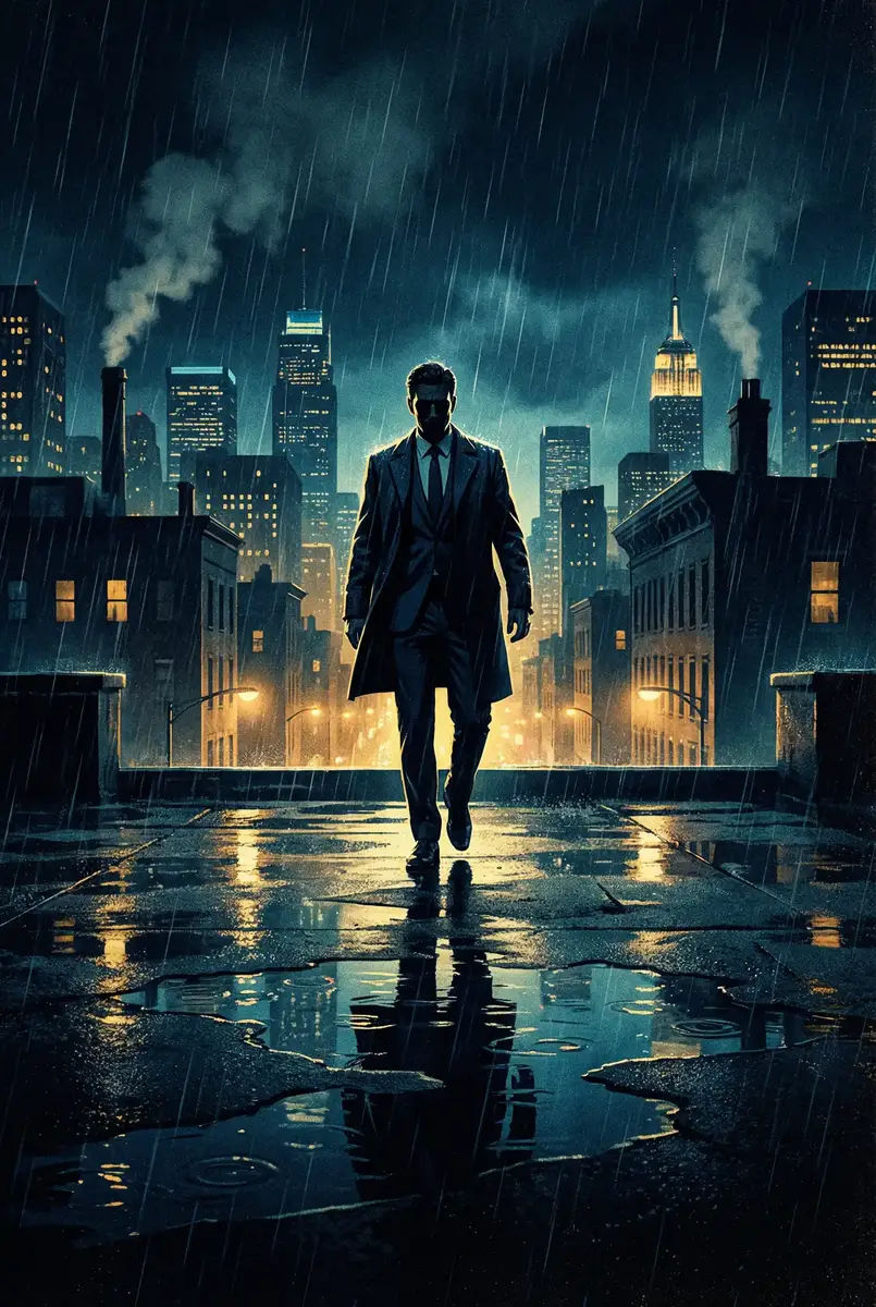 hsck.cc 出品影片《雨夜独行者》海报，雨中城市屋顶男性剪影